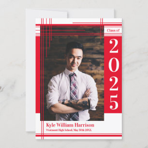 Red White School Colour Graduation Photo Plaid Invitation