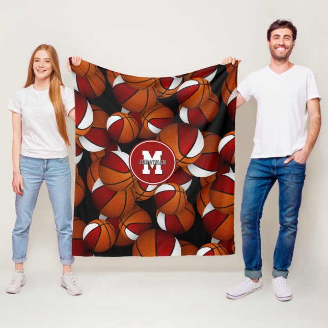 Red white school team colours basketball pattern fleece blanket (In Situ)