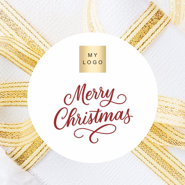 Red white script business Christmas Classic Round Sticker (Creator Uploaded)