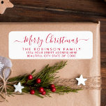 Red White Script Christmas Return Address Label<br><div class="desc">Modern Elegant Red and White Hand Lettered Christmas Family Return Address Labels. Featuring a pretty hand-written calligraphy swash-tail font script with saying "Merry Christmas". Great for Christmas holiday season,  easy to personalise them with your names and return address info.</div>