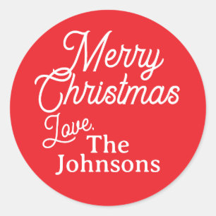Red White Script Custom Name Merry Christmas Label