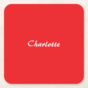 Red White Script Elegant Minimalist Modern Name Square Paper Coaster