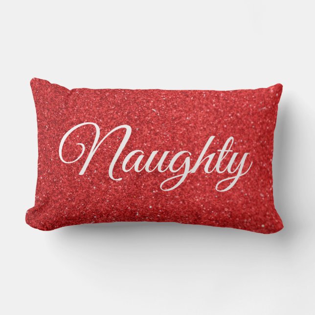 Red White Script Lettering Naughty or Nice Lumbar Cushion (Front)