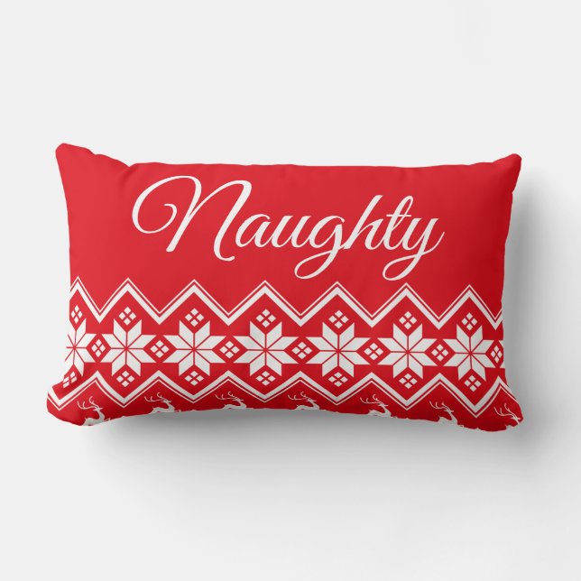 Red White Script Lettering Naughty or Nice Lumbar Cushion (Front)