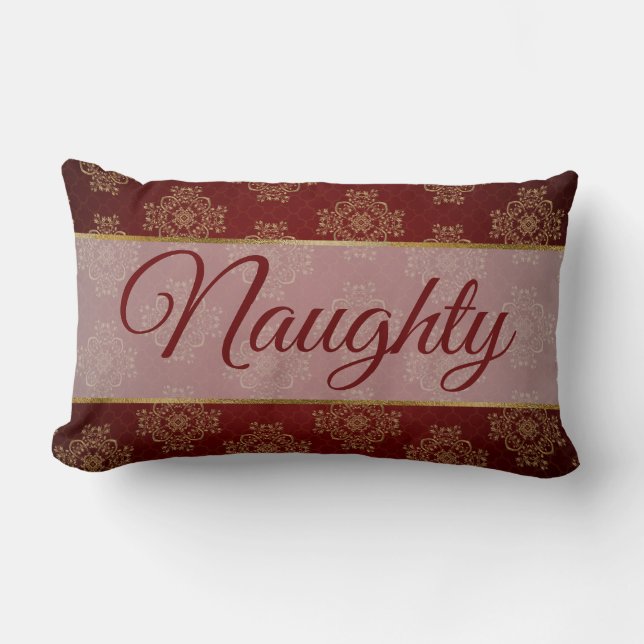 Red White Script Lettering Naughty or Nice Lumbar Cushion (Front)