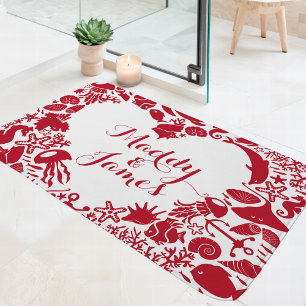 Red & White Sea Creatures Couples Heart Monogram Bath Mat