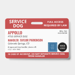 Red White Service Dog 2 Logos No Photo ID Badge