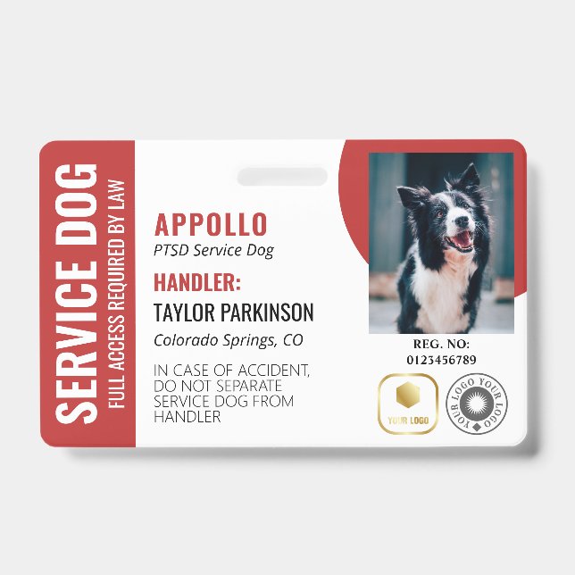 Red White Service Dog 2 Logos & Photo ID Badge (Front)