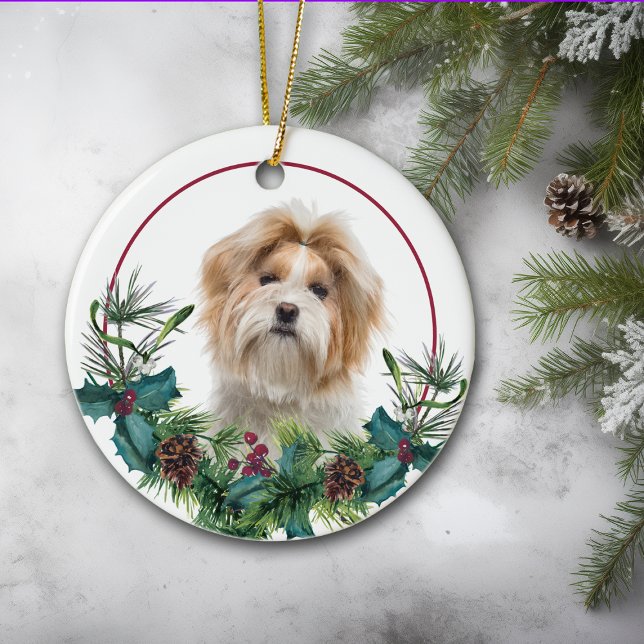 Red White Shih Tzu Dog Evergreen Wreath Ceramic Ornament (Creator Uploaded)