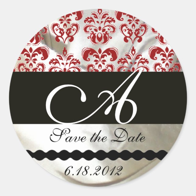 RED & WHITE SILK DAMASK CLOTH MONOGRAM CLASSIC ROUND STICKER (Front)