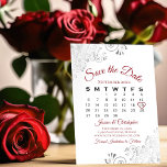 Red & White Simple Elegant Wedding Calendar Save The Date<br><div class="desc">This Save the Date card features a beautiful design with red script lettering on a white background, and frilly faux foil silver grey frills in the corners. There is a customisable calendar where you can put a red heart around your wedding date. There is space for the couple's name, wedding...</div>