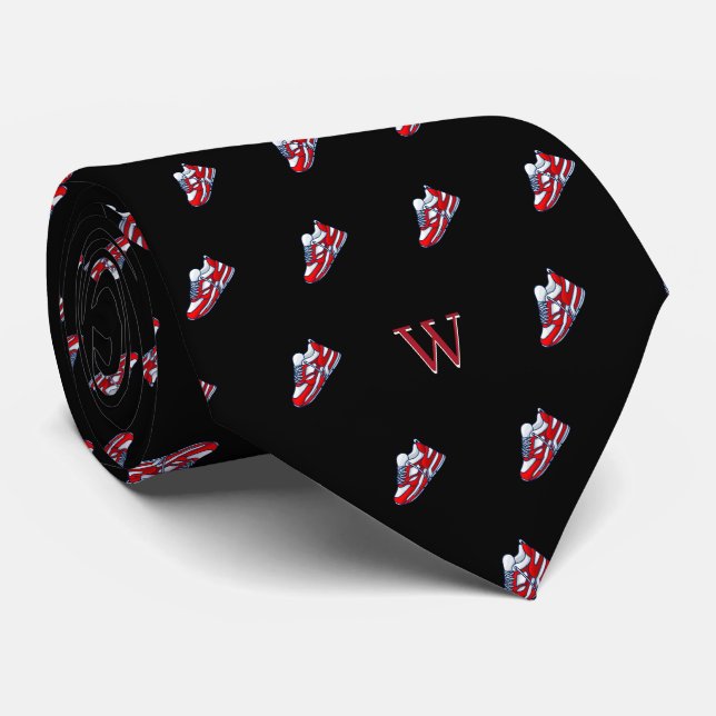 Red White Sneaker Collector Monogram Initial Black Tie (Rolled)