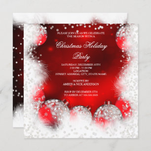 Red White Snow Bauble Christmas Holiday Party Invitation