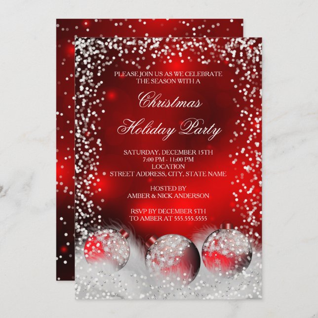 Red White Snow Bauble Christmas Holiday Party Invitation (Front/Back)