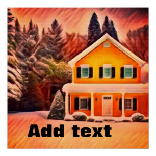 Red white snow fairy house in a garden add text poster