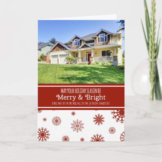 Red White Snow Realtor Merry & Bright Photo Card (Front)