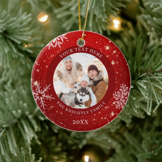 Red White Snowflake 2 Photos Name Ceramic Ornament (Tree)