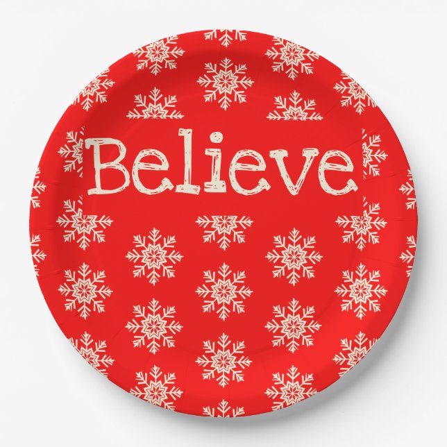 Red White Snowflake Believe Christmas Paper Plate (Front)