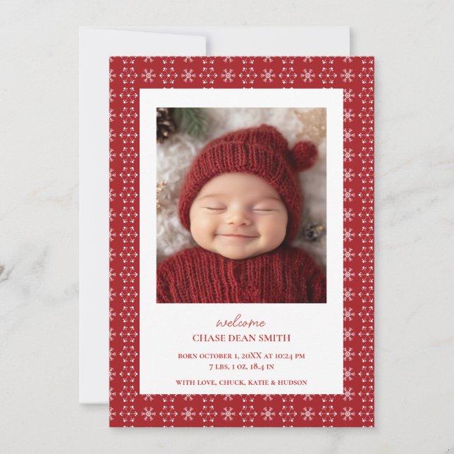 Red White Snowflake Christmas Baby Announcement (Front)