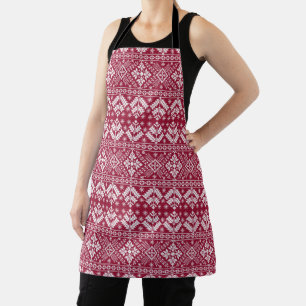 Red & White Snowflake & Floral Fair Isle Christmas Apron