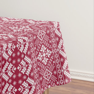 Red & White Snowflake & Floral Fair Isle Christmas Tablecloth