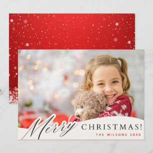 Red White Snowflake Merry Christmas Custom Photo Holiday Card