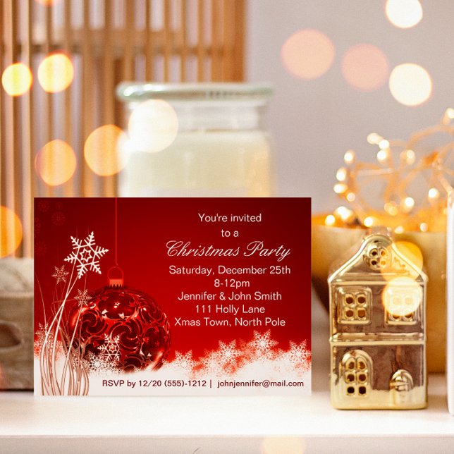 Red & White Snowflake  Ornament Christmas Party Invitation (Creator Uploaded)