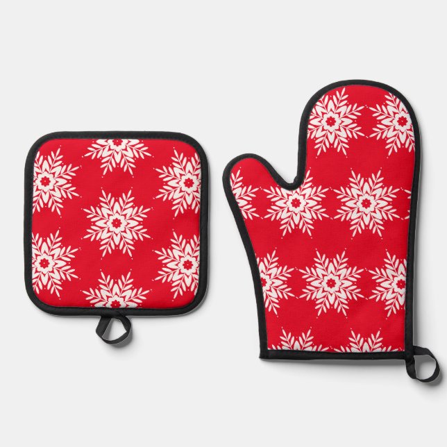 Red White Snowflake Pattern Oven Mitt & Pot Holder Set (Front)