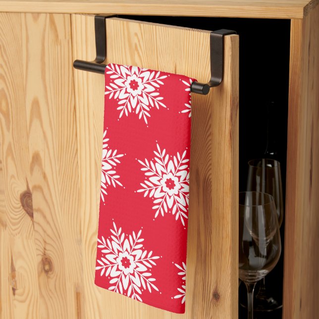 Red White Snowflake Pattern Tea Towel (Thirds Fold)