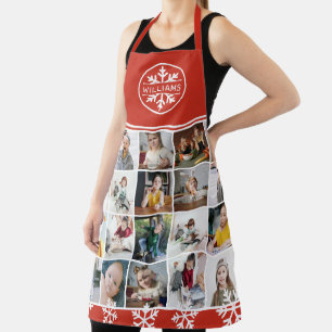 Red White Snowflake Photo Collage Christmas Apron