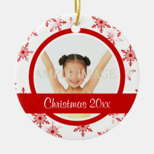 Red white snowflake photo personalise ceramic tree decoration