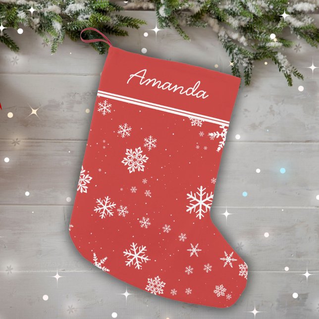 Red White Snowflake Stylish Festive Personalizable Small Christmas Stocking (Creator Uploaded)