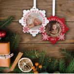 Red White Snowflakes Baby's 1st Christmas Tree Decoration Card<br><div class="desc">Snowflake shaped photo ornament with a round photo of your baby with curved text and pretty snowflakes in red and white.</div>