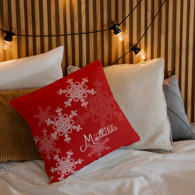 Red White Snowflakes Minimalist Christmas Name Cushion (Creator Uploaded)