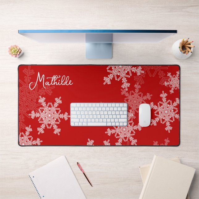 Red White Snowflakes Minimalist Christmas Name Desk Mat (Office 1)