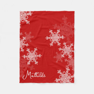 Red White Snowflakes Minimalist Christmas Name Fleece Blanket