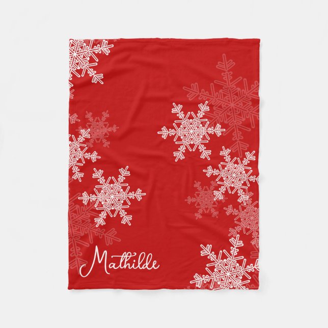 Red White Snowflakes Minimalist Christmas Name Fleece Blanket (Front)