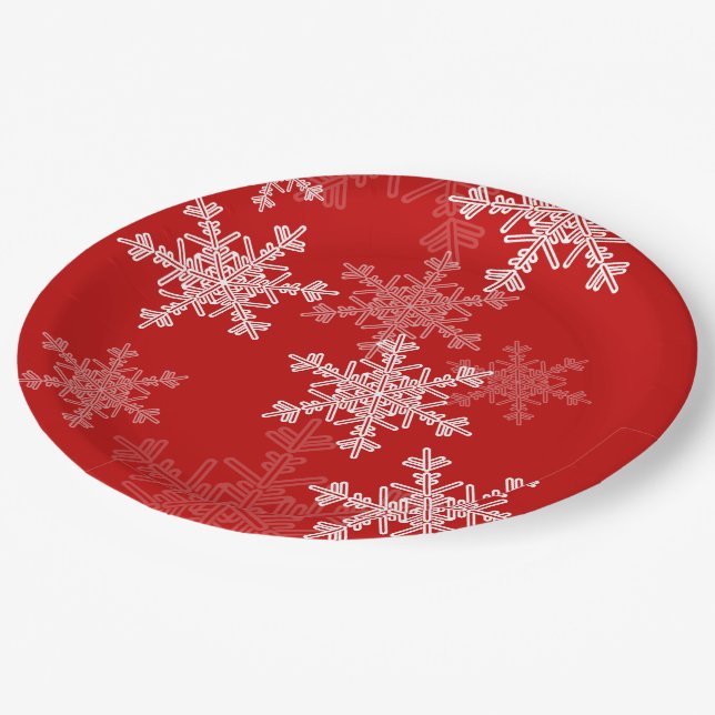 Red White Snowflakes Minimalist Christmas Paper Plate (Angled)
