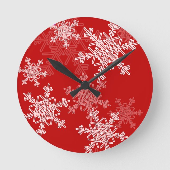 Red White Snowflakes Minimalist Christmas Round Clock (Front)