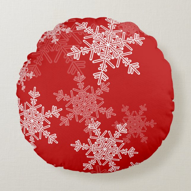 Red White Snowflakes Minimalist Christmas Round Cushion (Front)