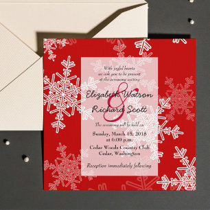 Red White Snowflakes Minimalist Christmas Wedding Invitation