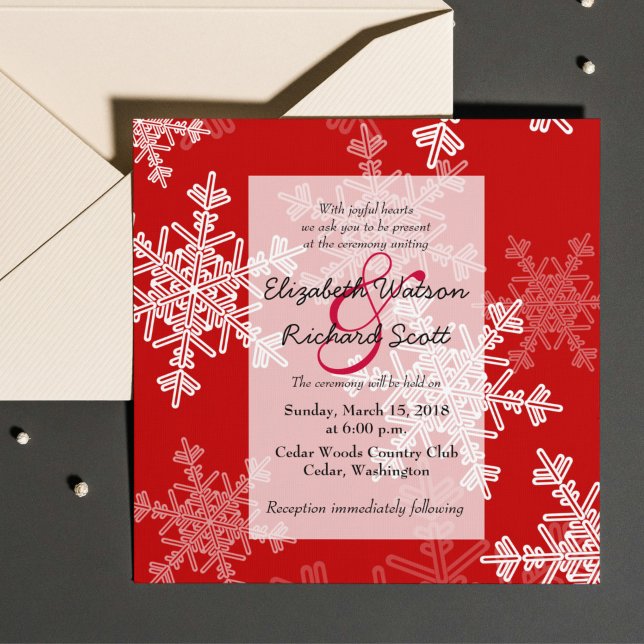 Red White Snowflakes Minimalist Christmas Wedding Invitation (Creator Uploaded)
