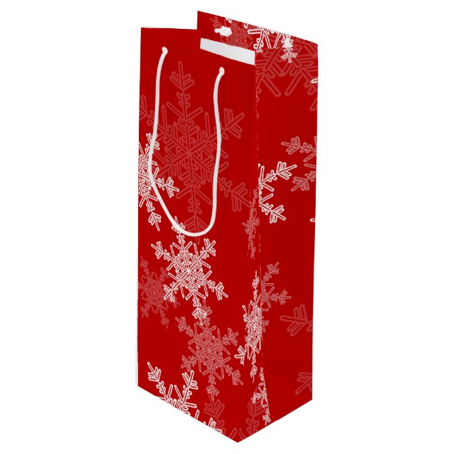 Red White Snowflakes Minimalist Christmas Wine Gift Bag (Front Angled)