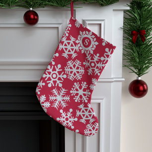 Red White Snowflakes Monogram Christmas Stocking
