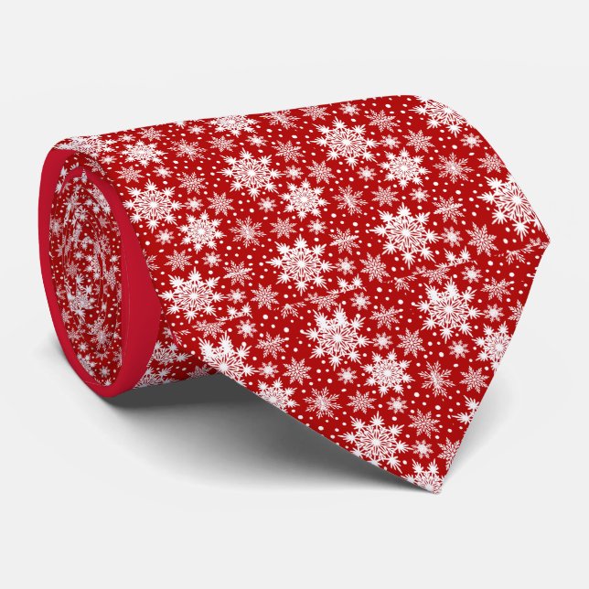 Red White Snowflakes Seamless Pattern Tie (Rolled)