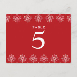 Red + white snowflakes wedding table number postcard