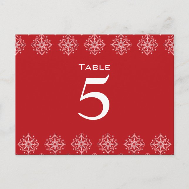 Red + white snowflakes wedding table number postcard (Front)