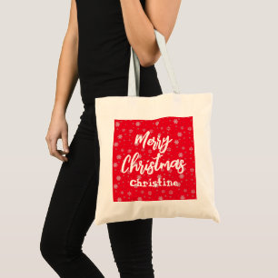 Red White Snowflakes Winter Modern Merry Christmas Tote Bag