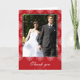 Red + white snowflakes winter wedding thank you card