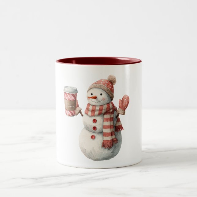 Red White Snowman Christmas Two-Tone Coffee Mug (Center)